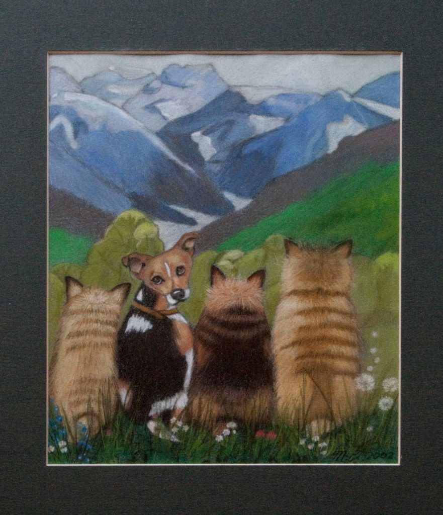 Pastel painting of three cats (or really fuzzy dogs) and a dog.