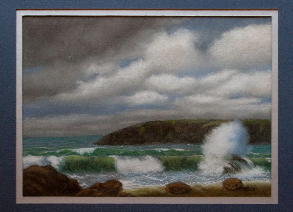 Pastel painting of a beach at a stormy high tide.