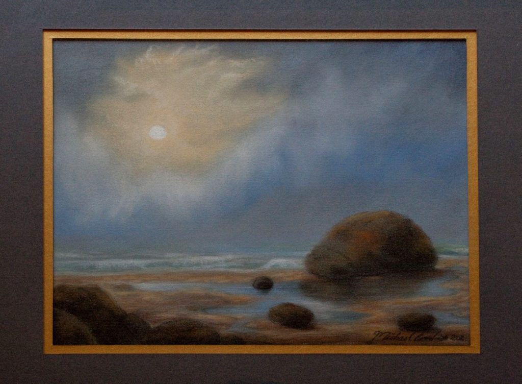 Pastel painting of a beach at low tide.