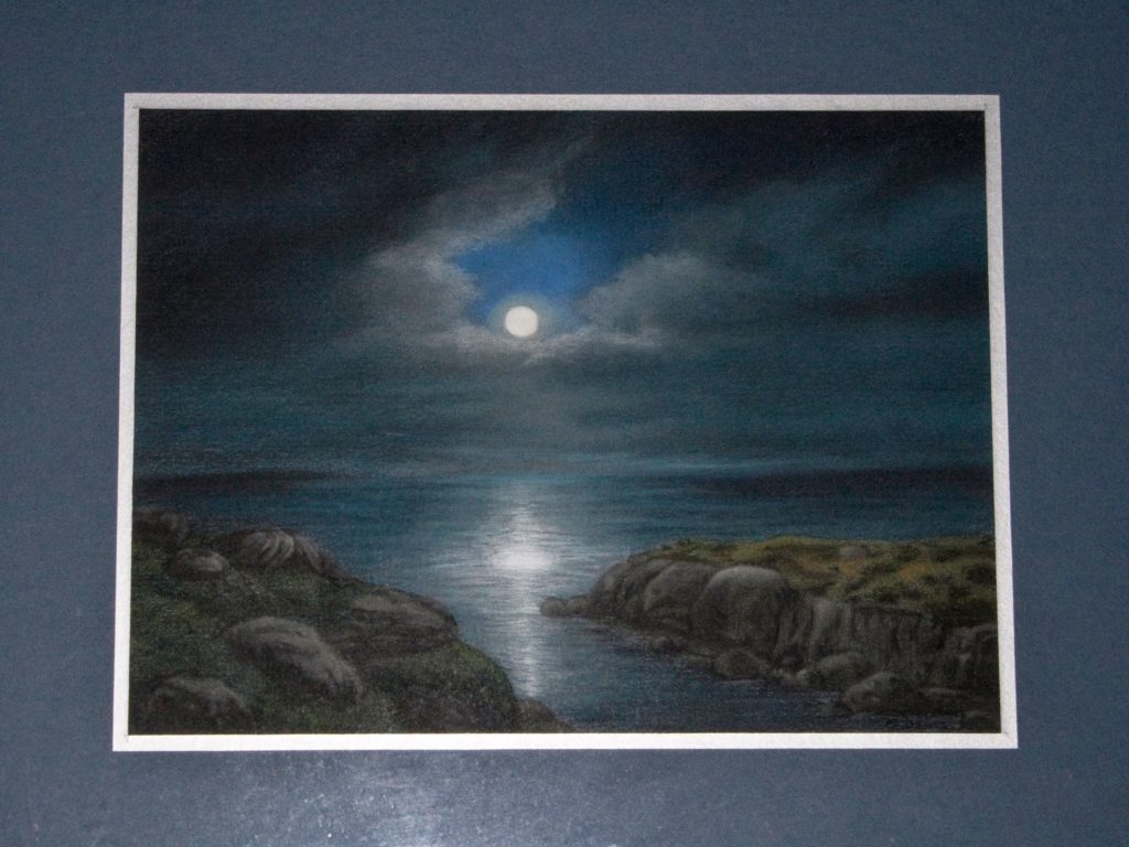 Pastel painting of moonlight over water.