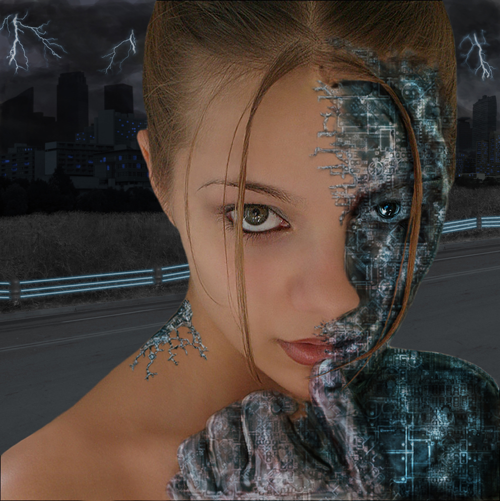 A girl with a half-electronic face stares at the viewer. 