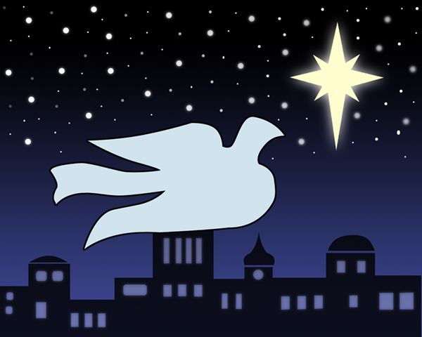 A dove is superimposed over a cityscape while a large star illuminates a night sky. 