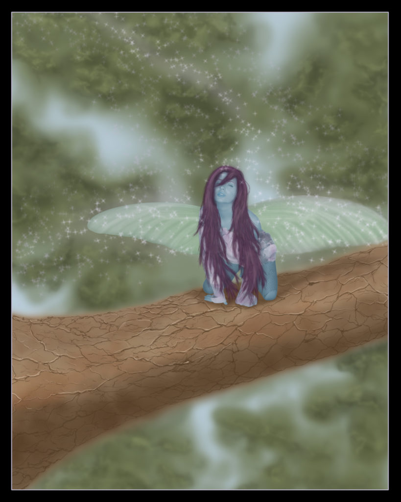 A human-like fairy with moth wings and long purple hair crouches on a tree branch. 