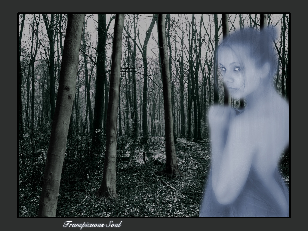 A ghostly blue woman stands in a green-hued forest. 