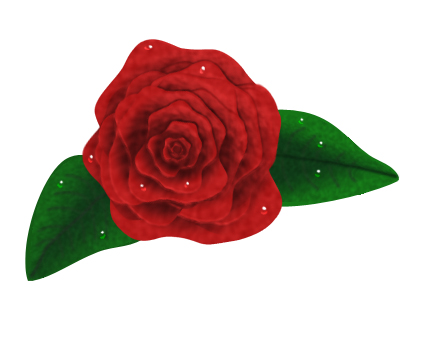 Water droplets sit atop a simply-rendered red rose flanked by two green leaves. 