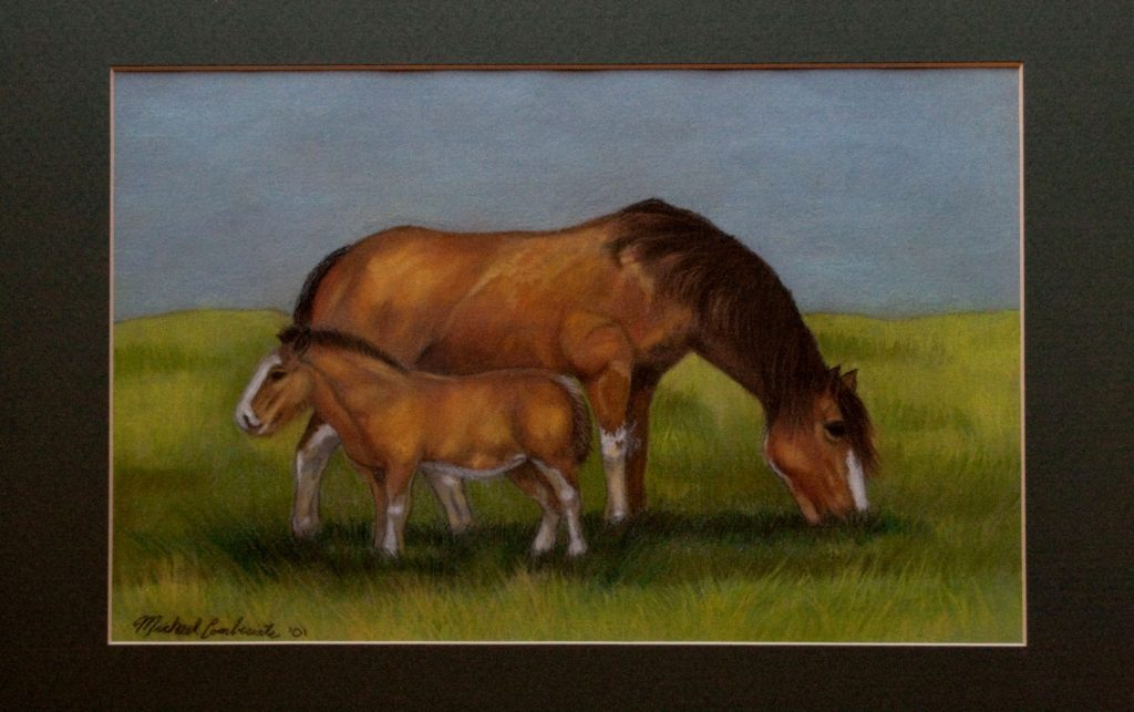 Pastel painting of a chestnut mare and foal.